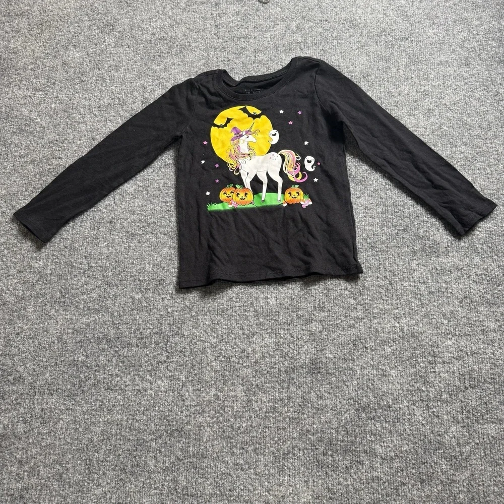 The Childrens Place Kids Halloween Shirt Black Long Sleeve Unicorn Pumpkins 4T